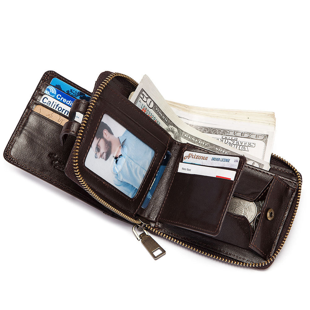 Anti-Theft Brush Men's Leather Wallet Top Layer Cowhide Short Coin Purse Zipper Retro Leather Men Bag