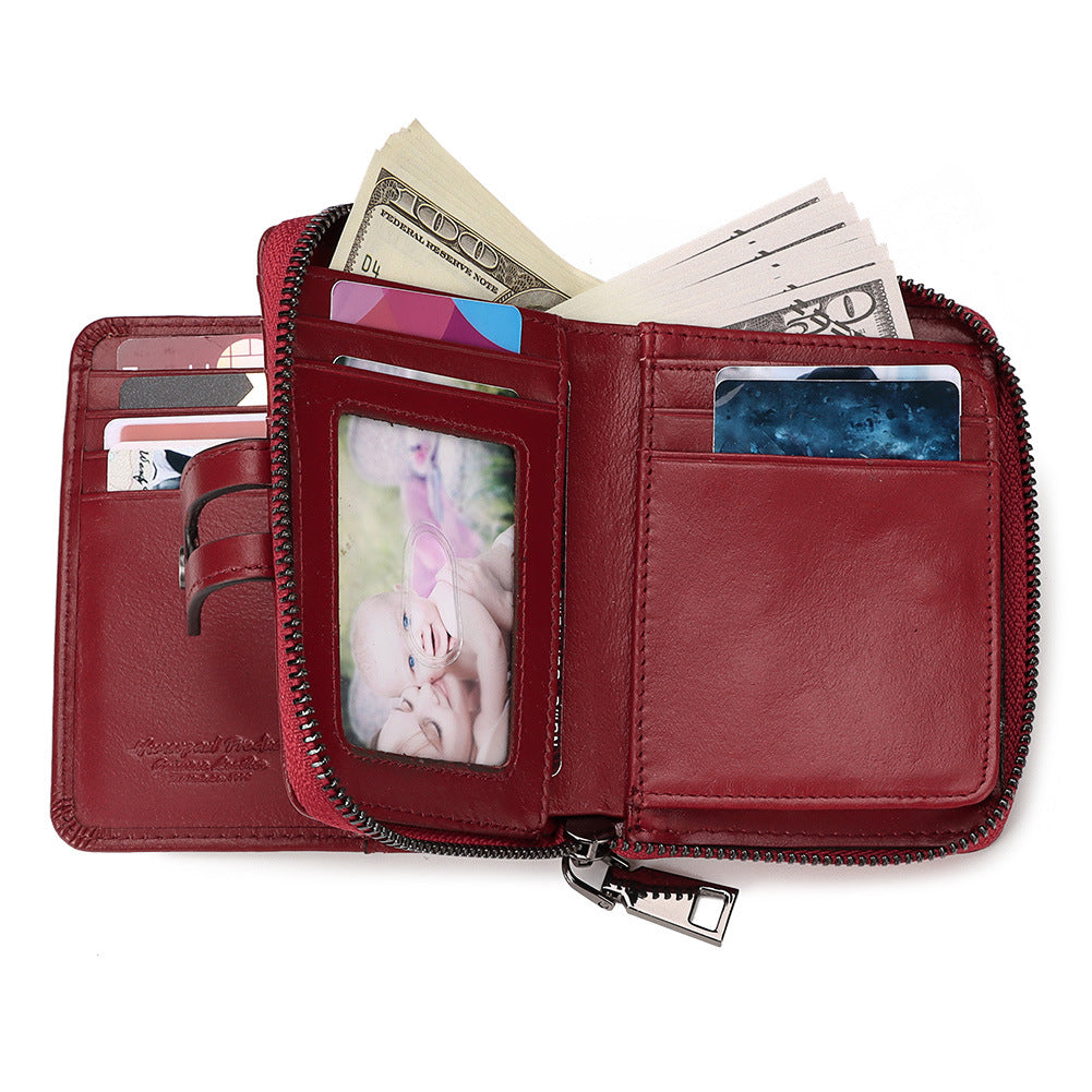 New RFID Leather Wallet Top Layer Cowhide Coin Purse Zipper Buckle Bag European And American Retro Bag