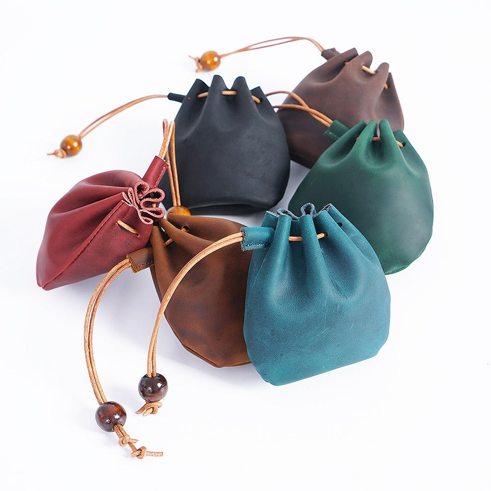 Top layer cowhide drawstring zero wallet Vintage leather coin bag Storage bag Bundle pocket bag Casual handheld small wallet