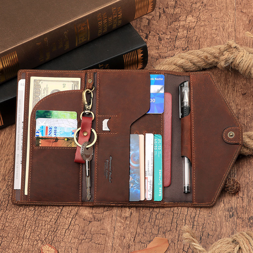 Men's Leather Clutch Leather Multifunctional Travel Passport Book Crazy Horse Leather Passport Bag