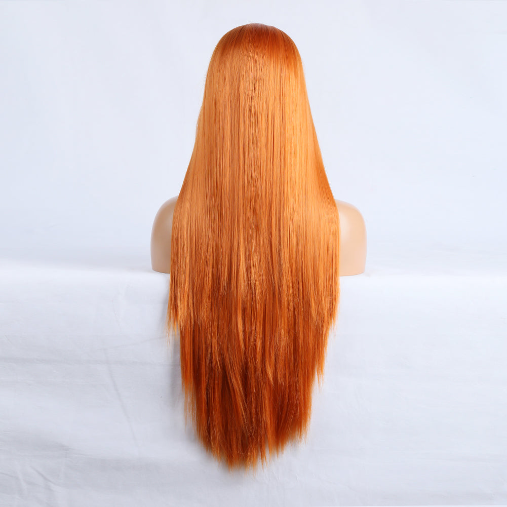 Long Straight Hair 13*2.5 Orange Chemical Fiber Front Lace Wig Head Cover Natural Hairline