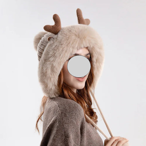 Christmas Deer Horn Knitted Hat Women Winter Outdoor Skiing Cold Proof