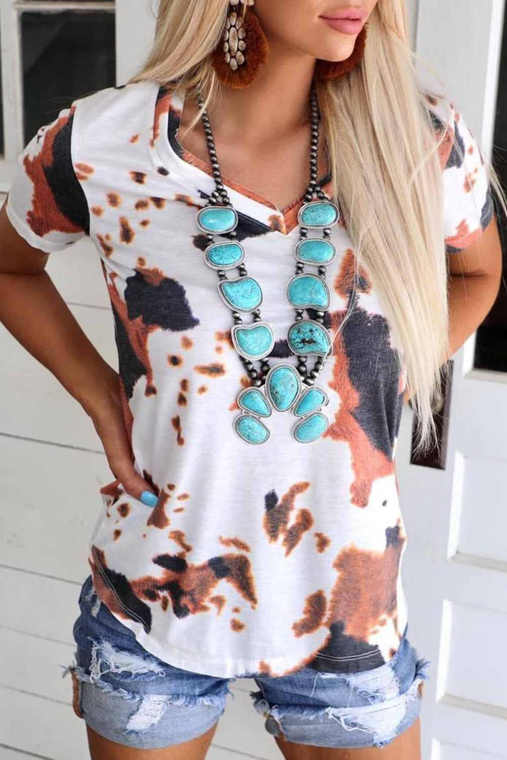 White Cow Pattern Print Short Sleeve V Neck T Shirt