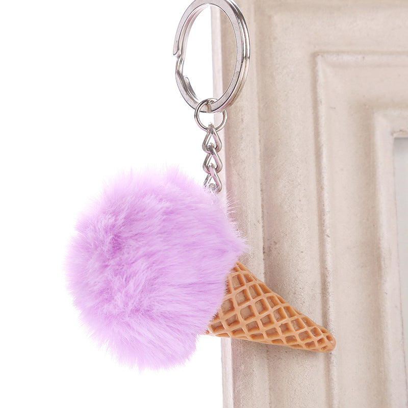 Fur Ball Ice Cream Cone Keychain Furry Acrylic Key Chain Ring Keyring Pompon Backpack Women Shoulder Bags Pendant