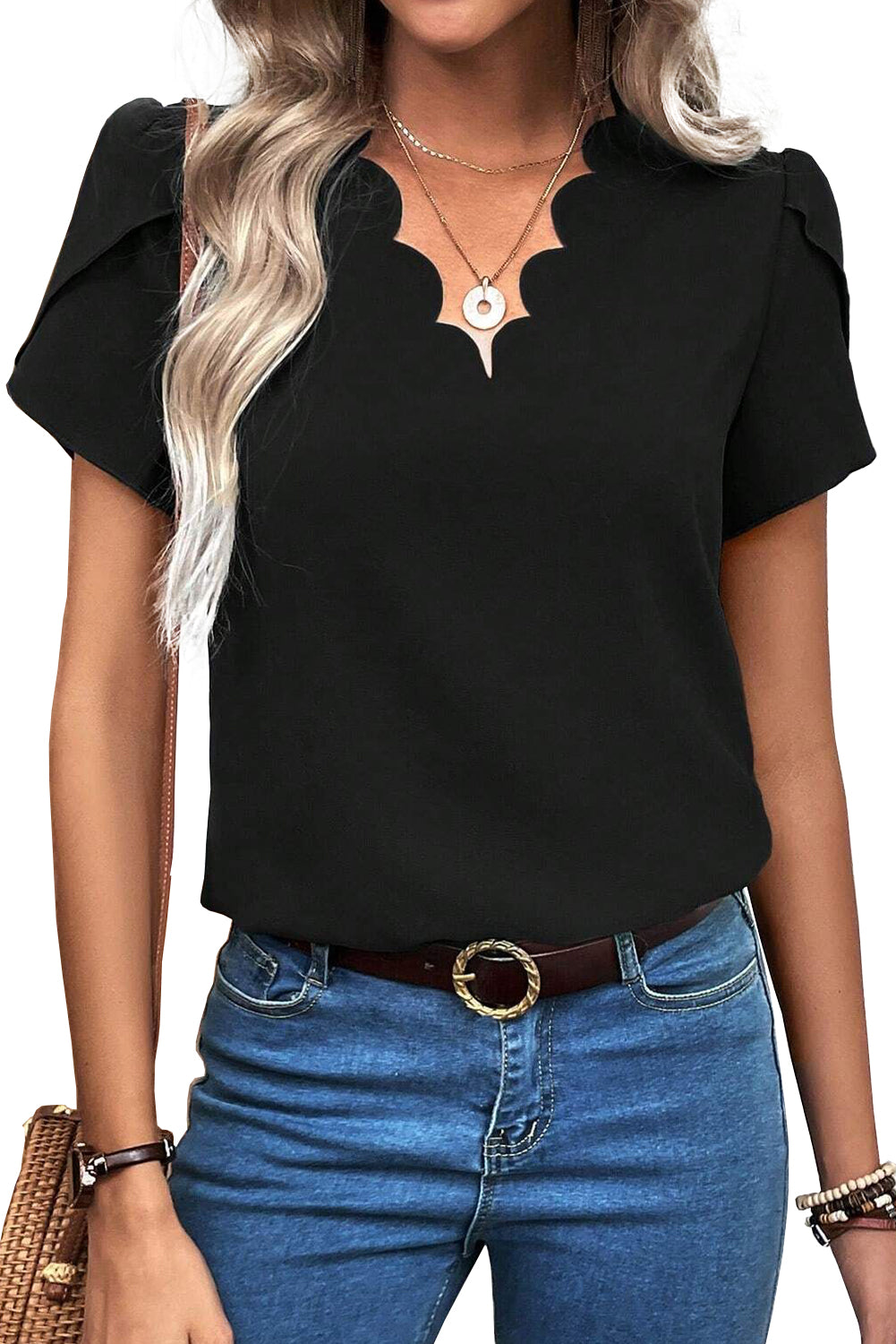 Black Scalloped V Neckline Petal Sleeve Top