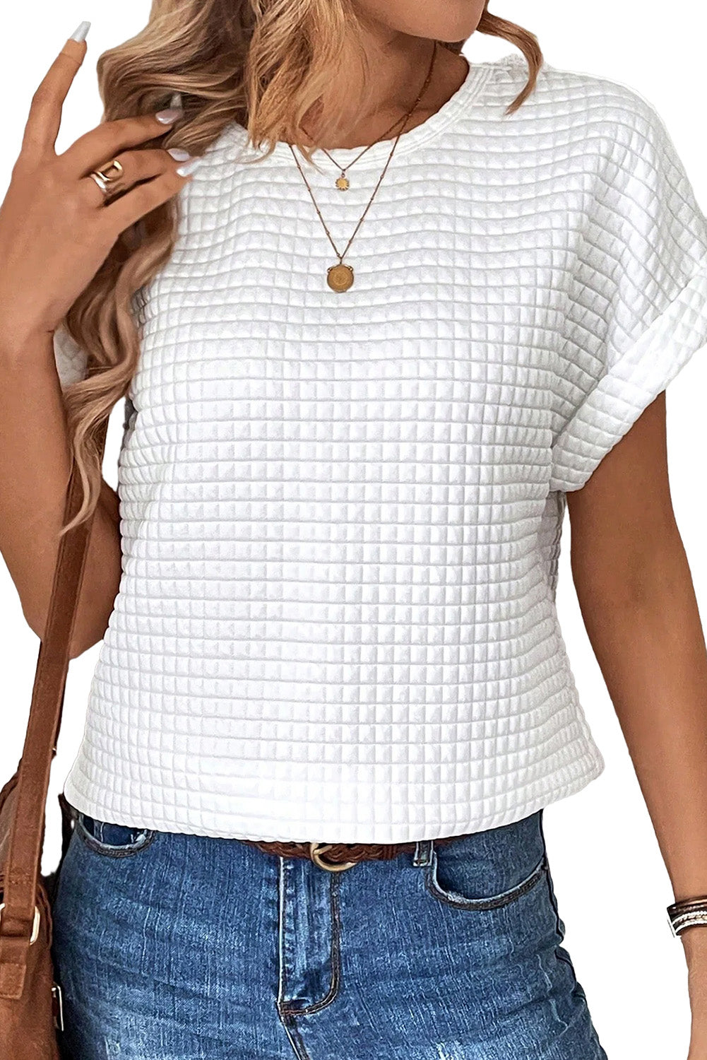 White Checkered Textured Bat Sleeve T Shirt