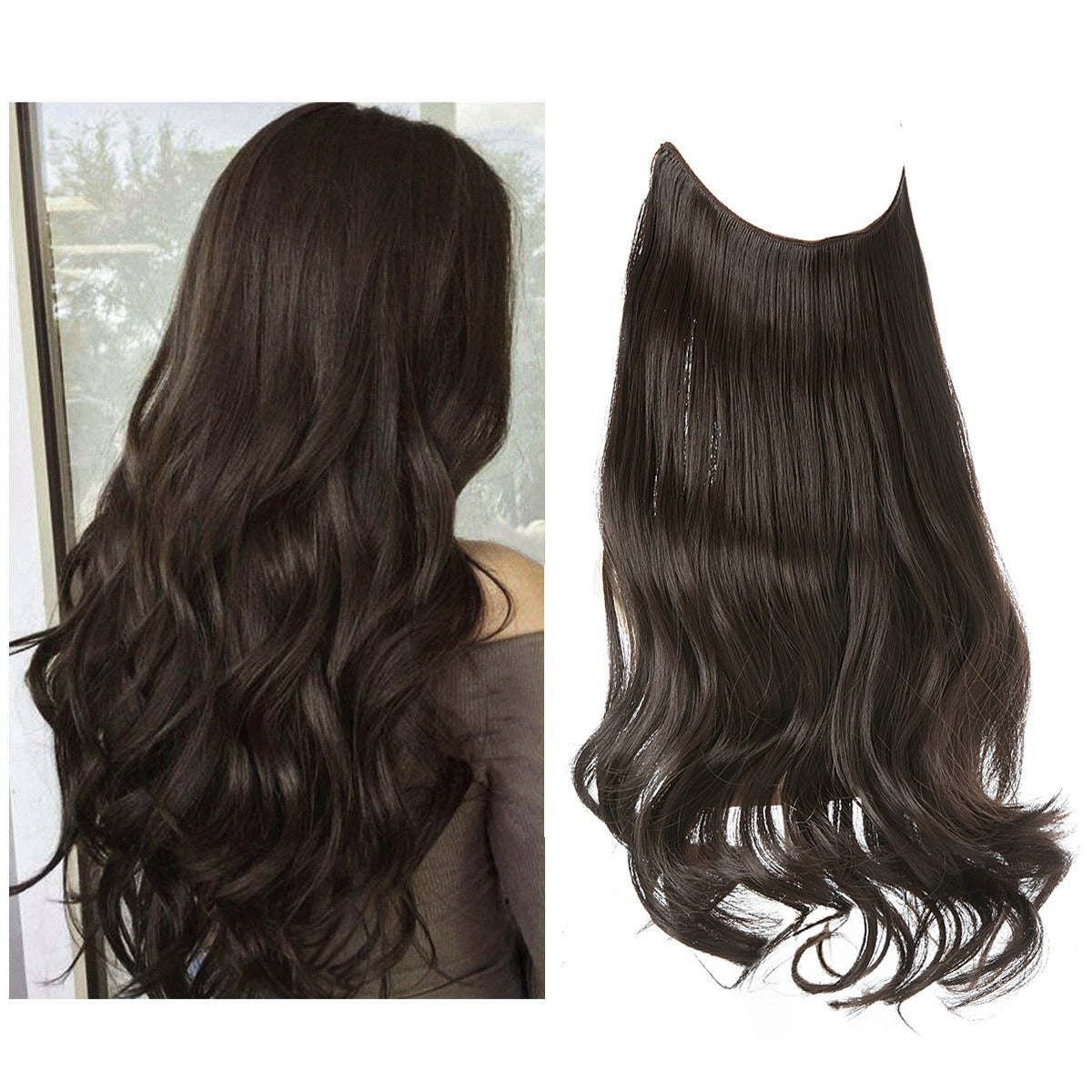 European And American Wig Piece Female Fishline Hair Extension Piece Chemical Fiber Matte High Temperature Silk Long Curly Human Hair