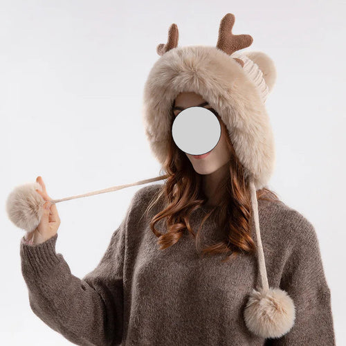 Christmas Deer Horn Knitted Hat Women Winter Outdoor Skiing Cold Proof