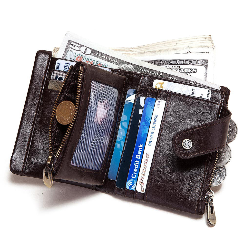 Leather RFID Wallet Independent Station Men's New Double Zipper Anti-Magnetic Anti-Theft Brush Tri-fold Coin Purse