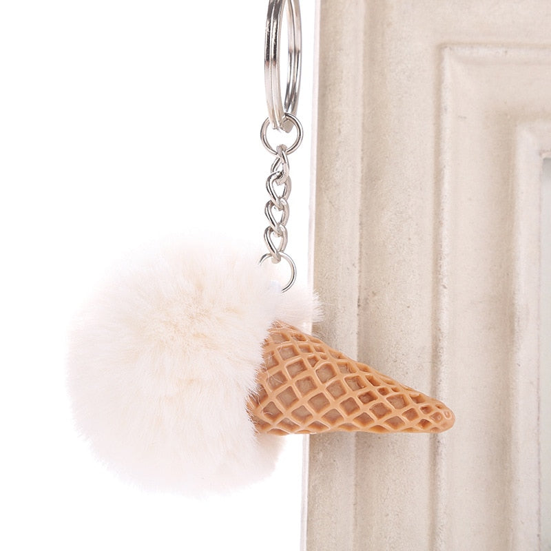 Fur Ball Ice Cream Cone Keychain Furry Acrylic Key Chain Ring Keyring Pompon Backpack Women Shoulder Bags Pendant