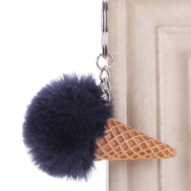 Fur Ball Ice Cream Cone Keychain Furry Acrylic Key Chain Ring Keyring Pompon Backpack Women Shoulder Bags Pendant