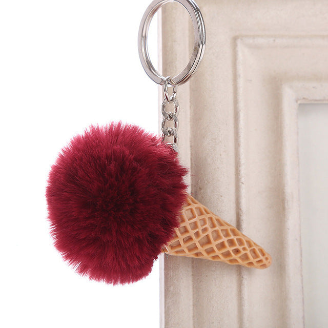 Fur Ball Ice Cream Cone Keychain Furry Acrylic Key Chain Ring Keyring Pompon Backpack Women Shoulder Bags Pendant