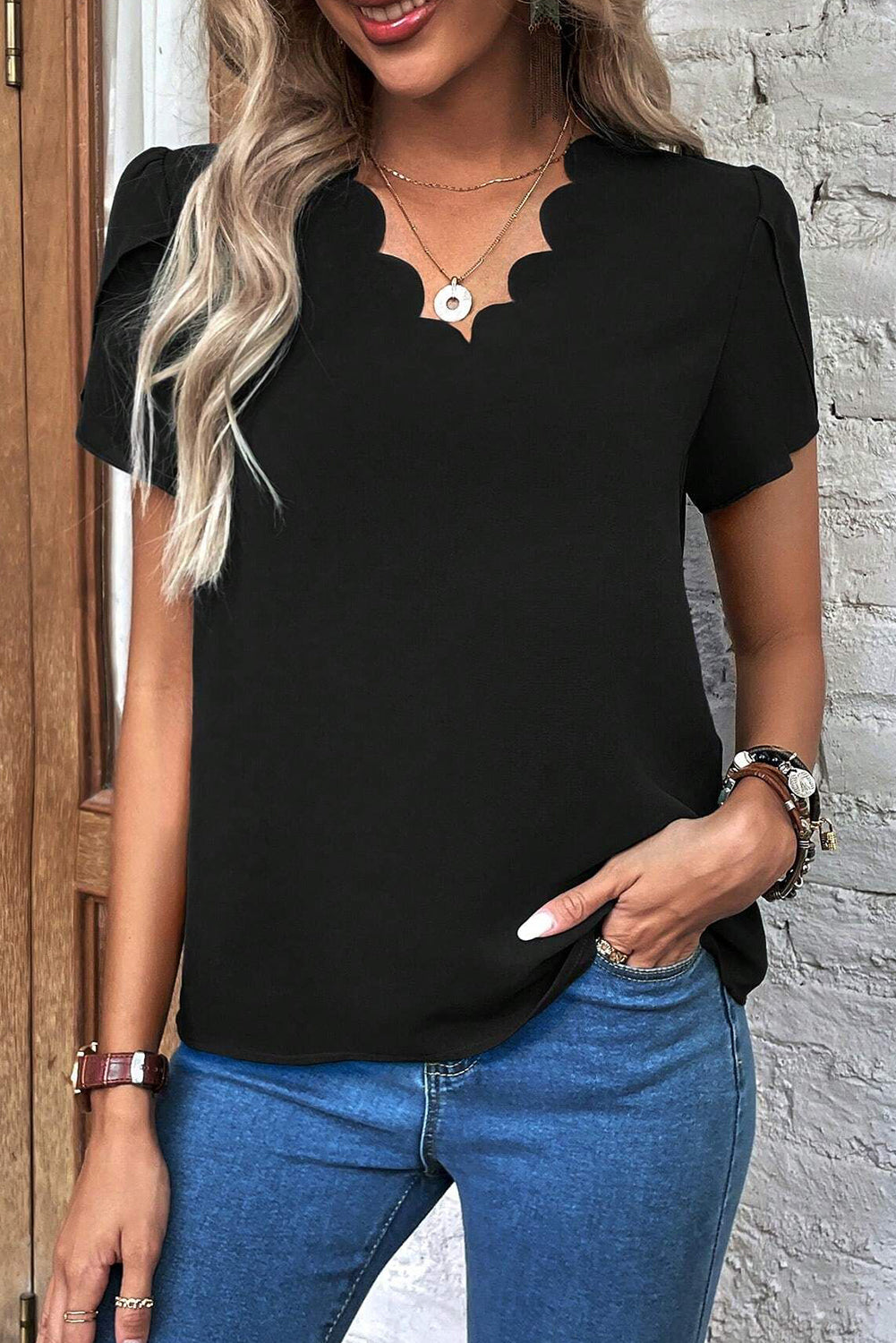 Black Scalloped V Neckline Petal Sleeve Top