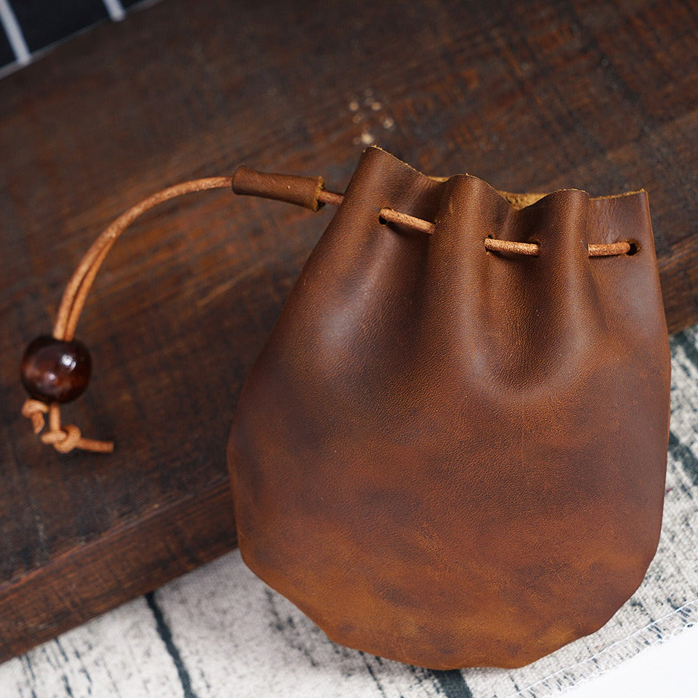 Top layer cowhide drawstring zero wallet Vintage leather coin bag Storage bag Bundle pocket bag Casual handheld small wallet