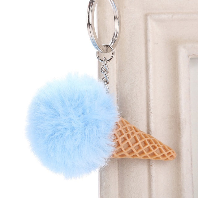 Fur Ball Ice Cream Cone Keychain Furry Acrylic Key Chain Ring Keyring Pompon Backpack Women Shoulder Bags Pendant