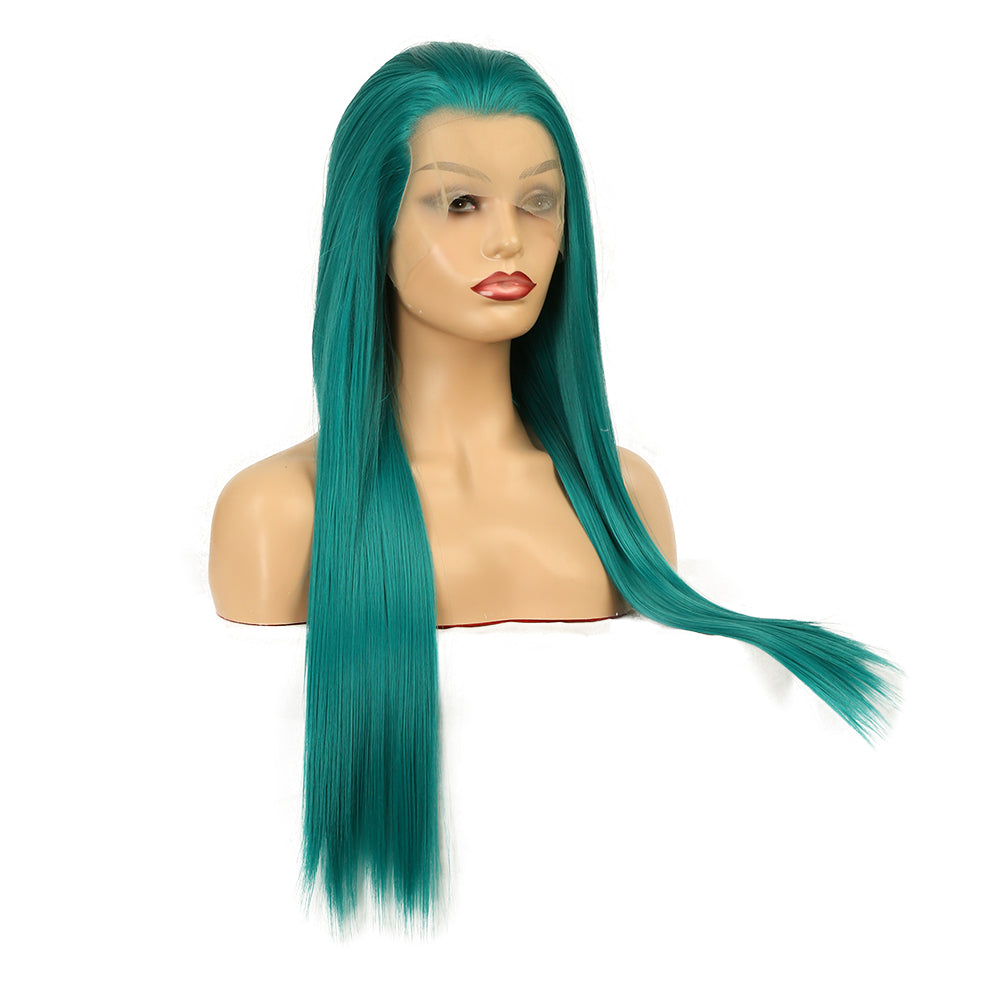 Green Wig Natural Realistic Hand Groove Chemical Fiber Front Lace Long Straight Hair Matte High Temperature Silk Wig Headgear