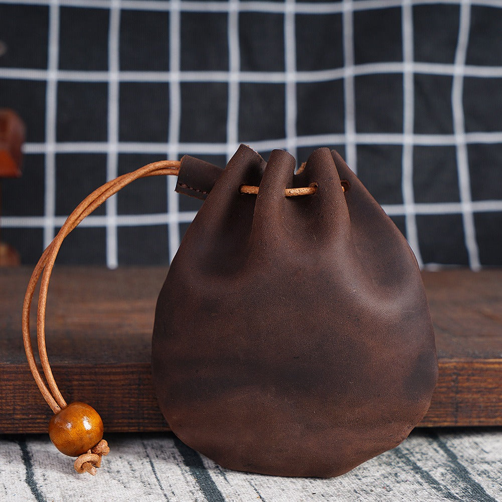 Top layer cowhide drawstring zero wallet Vintage leather coin bag Storage bag Bundle pocket bag Casual handheld small wallet