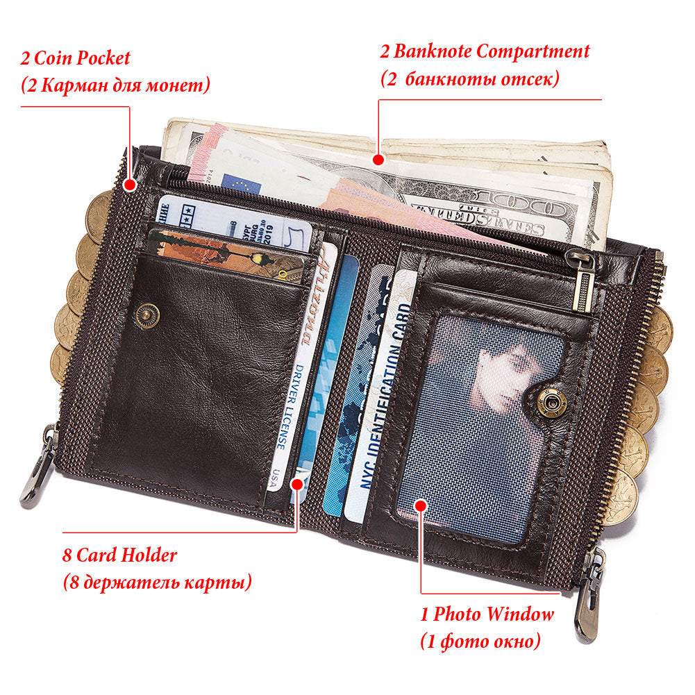 Genuine Leather Men Wallet Top Layer Cowhide Bag RFID Anti-Theft Brush Men's Coin Purse