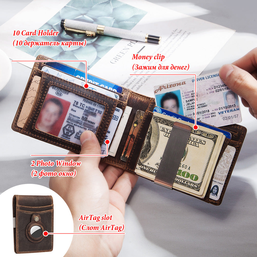 Anti-Magnetic Change Clip Head Layer Cowhide Suitable For Airtag Anti-Lost Device Dollar Clip Leather Men's Wallet