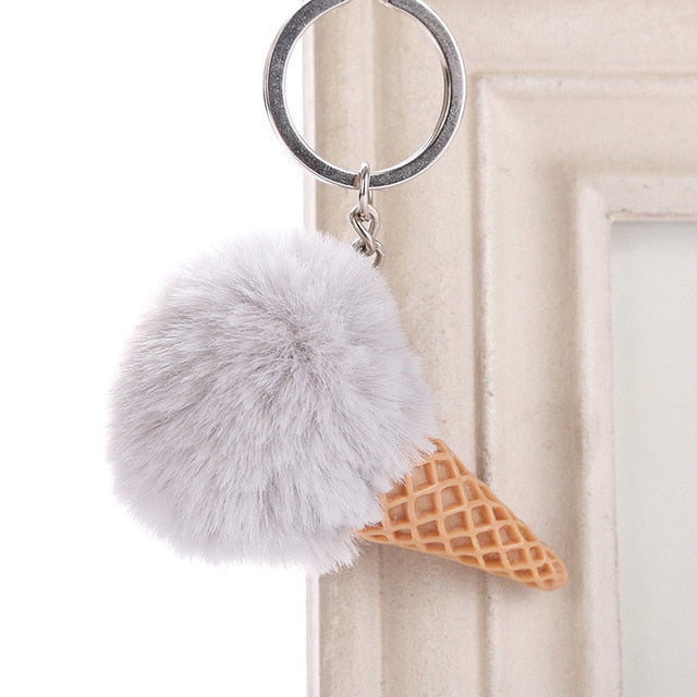 Fur Ball Ice Cream Cone Keychain Furry Acrylic Key Chain Ring Keyring Pompon Backpack Women Shoulder Bags Pendant