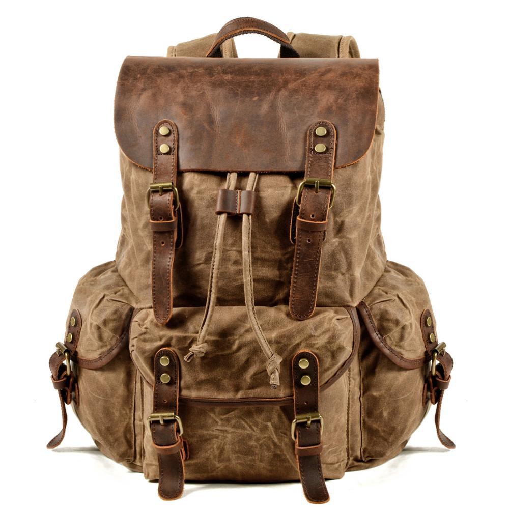 Men's Oil Wax Canvas Bag Computer Bag School Bag Student Backpack Retro Backpack Drawstring Travel Backpack Male Outdoor Male