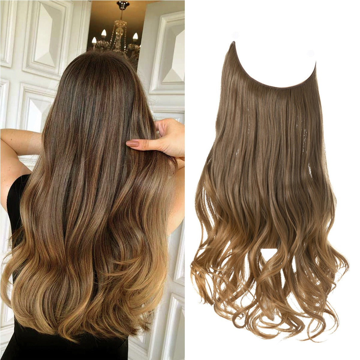 European And American Wig Piece Female Fishline Hair Extension Piece Chemical Fiber Matte High Temperature Silk Long Curly Human Hair