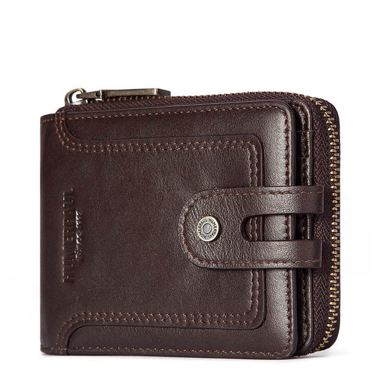 Anti-Theft Brush Men's Leather Wallet Top Layer Cowhide Short Coin Purse Zipper Retro Leather Men Bag