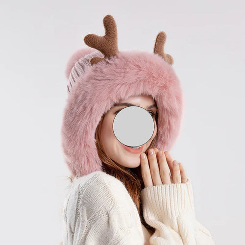 Christmas Deer Horn Knitted Hat Women Winter Outdoor Skiing Cold Proof