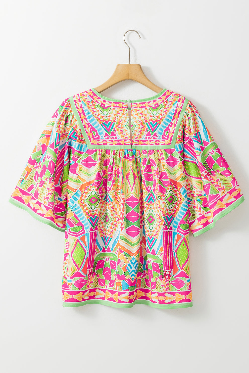 Orange Geometric Print Bell Sleeve O Neck Babydoll Blouse