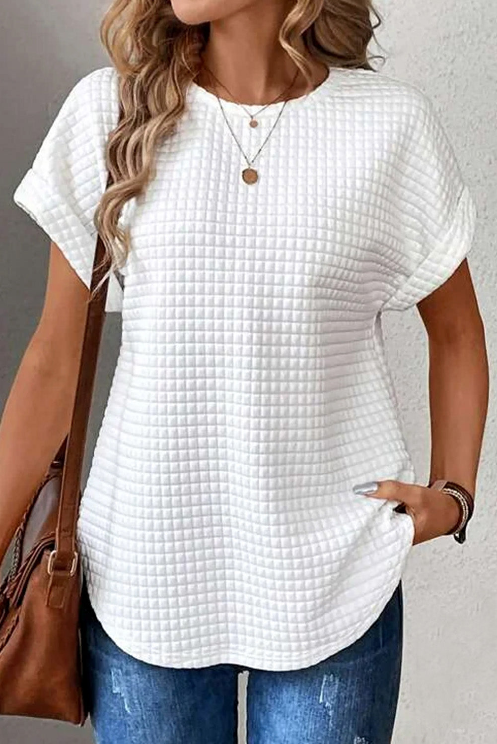 White Checkered Textured Bat Sleeve T Shirt