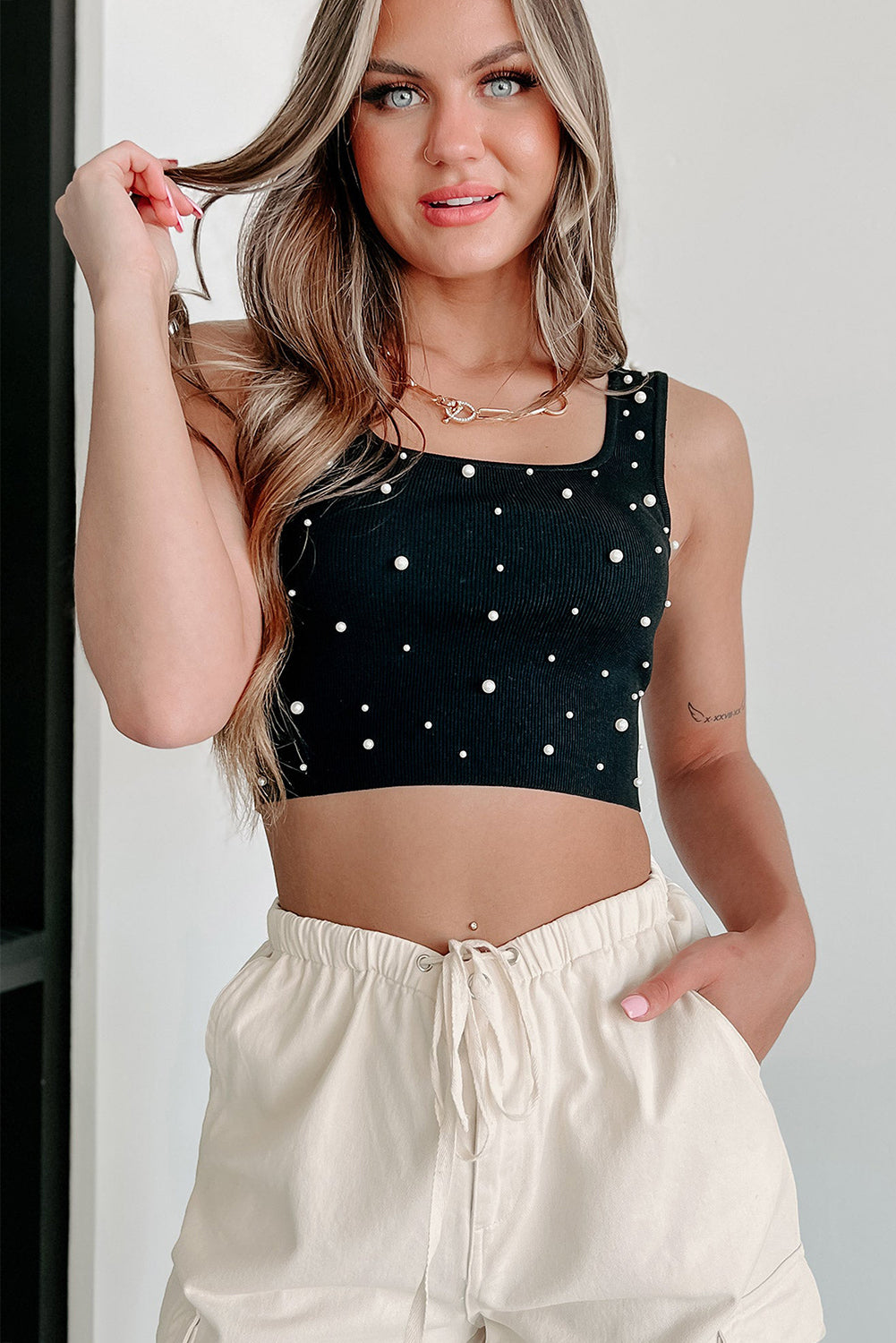 Black Pearl Decor Square Neck Sleeveless Crop Top