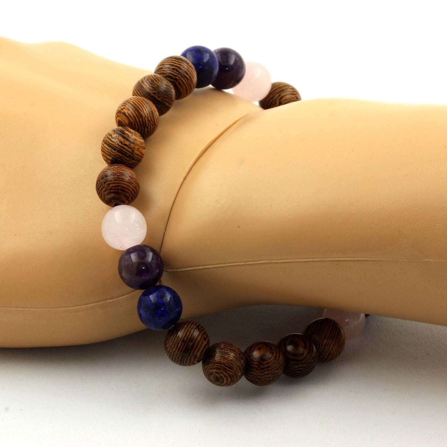 Rose Quartz + Lapis Lazuli + Amethyst + Wood Bracelet 8 mm Beads.