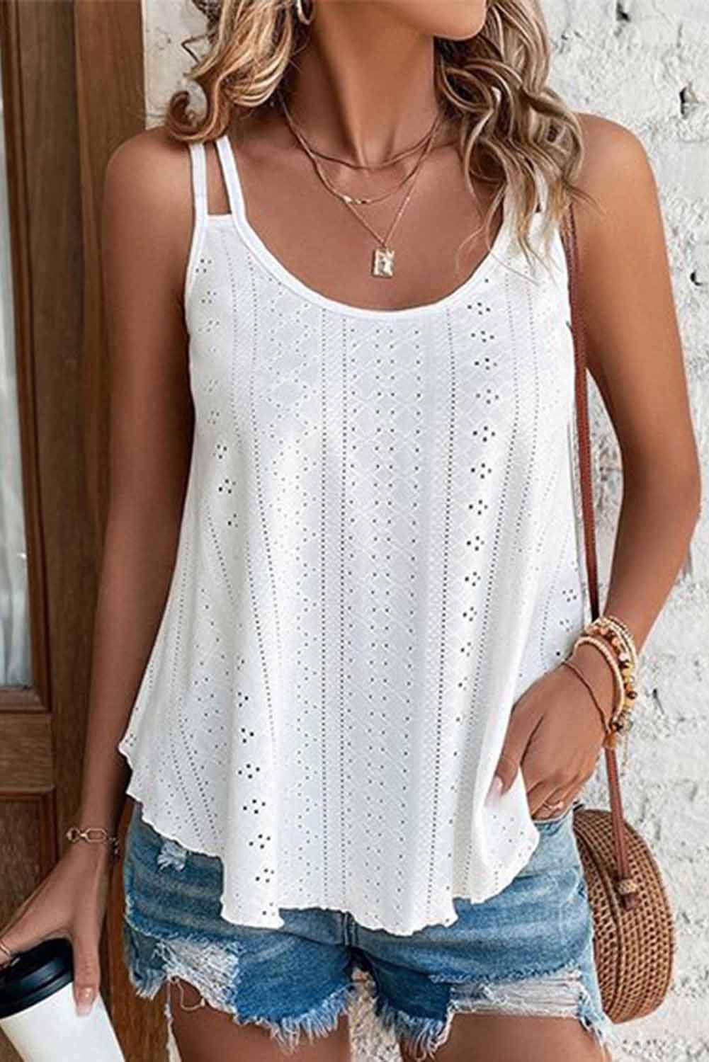 White Eyelet Strappy Scoop-Neck Tank Top